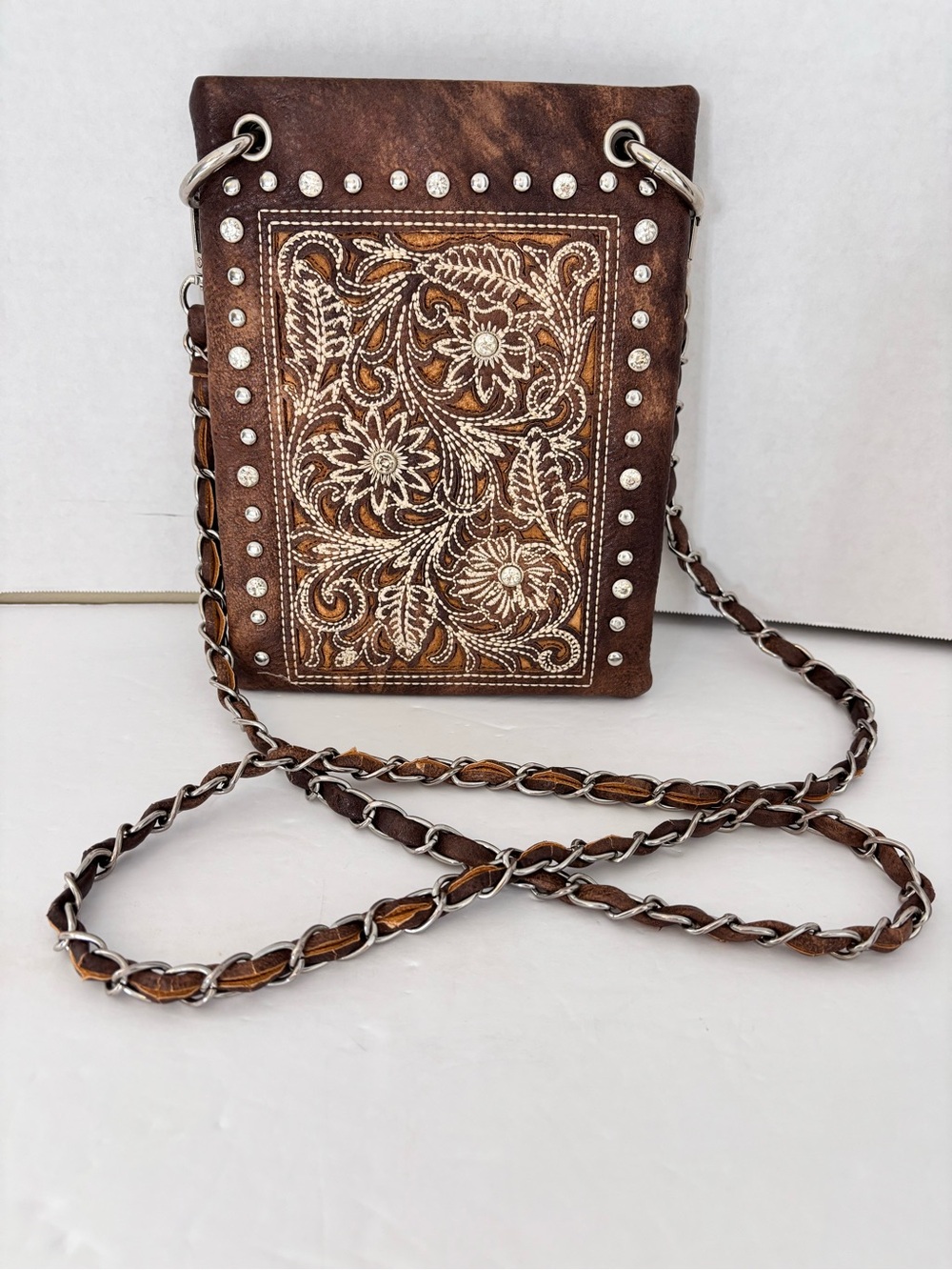P&G Embroidered Floral Brown Hand Tolled Crossbody Bag with Chain Strap Studded